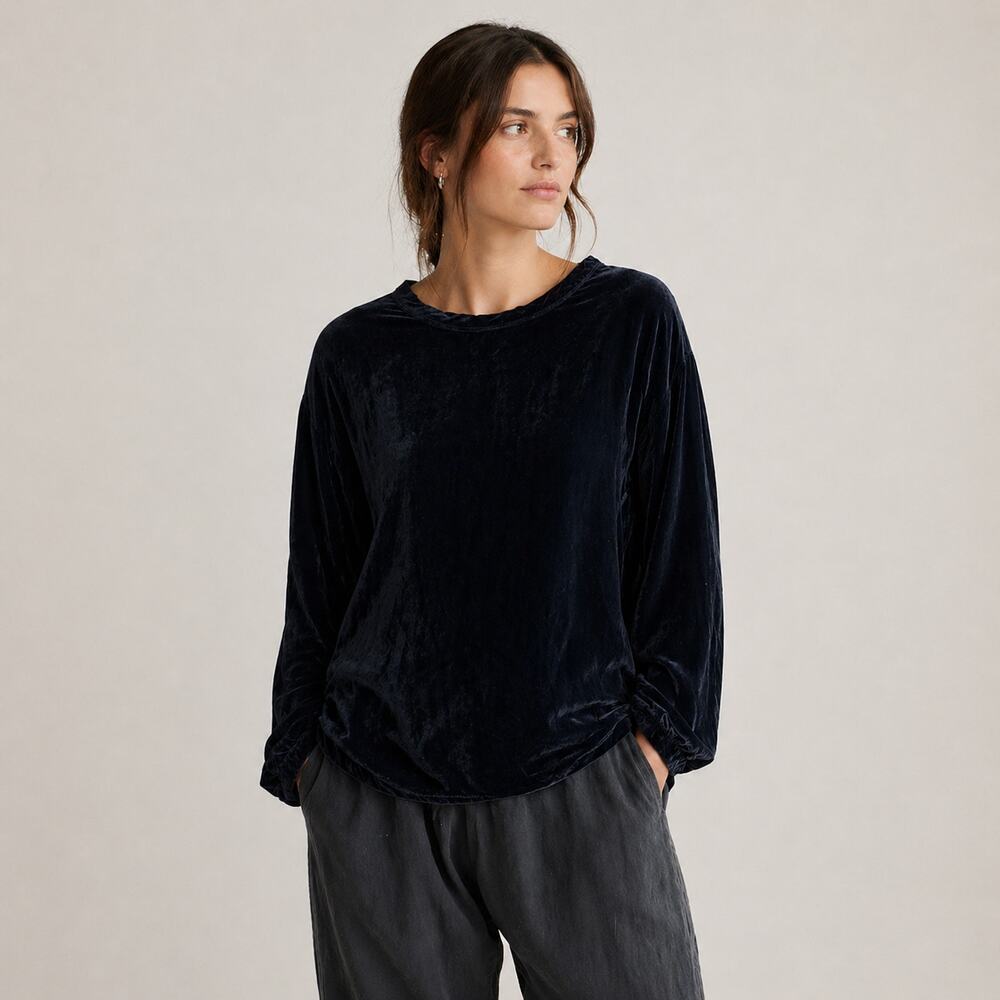 CP SHADES Navy Velvet Top Long Sleeve Soft Minimalist size Small
